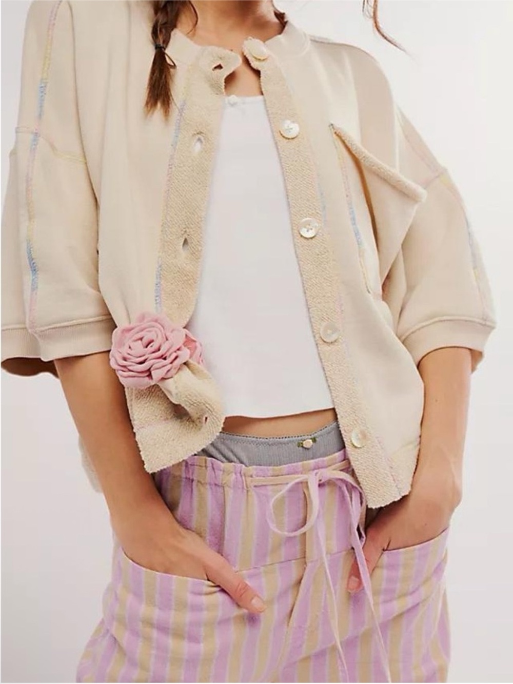 Free People Matilda Sweatshirt Cardigan Relaxed Fit Boho Size Large NWT - Picture 2 of 10